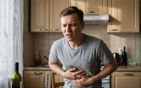 Мужчина держится руками за живот